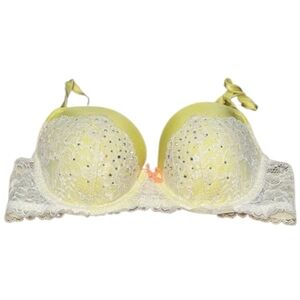Victoria's Secret Dream Angels Push Up Yellow White Lace Rhinestone Bra
